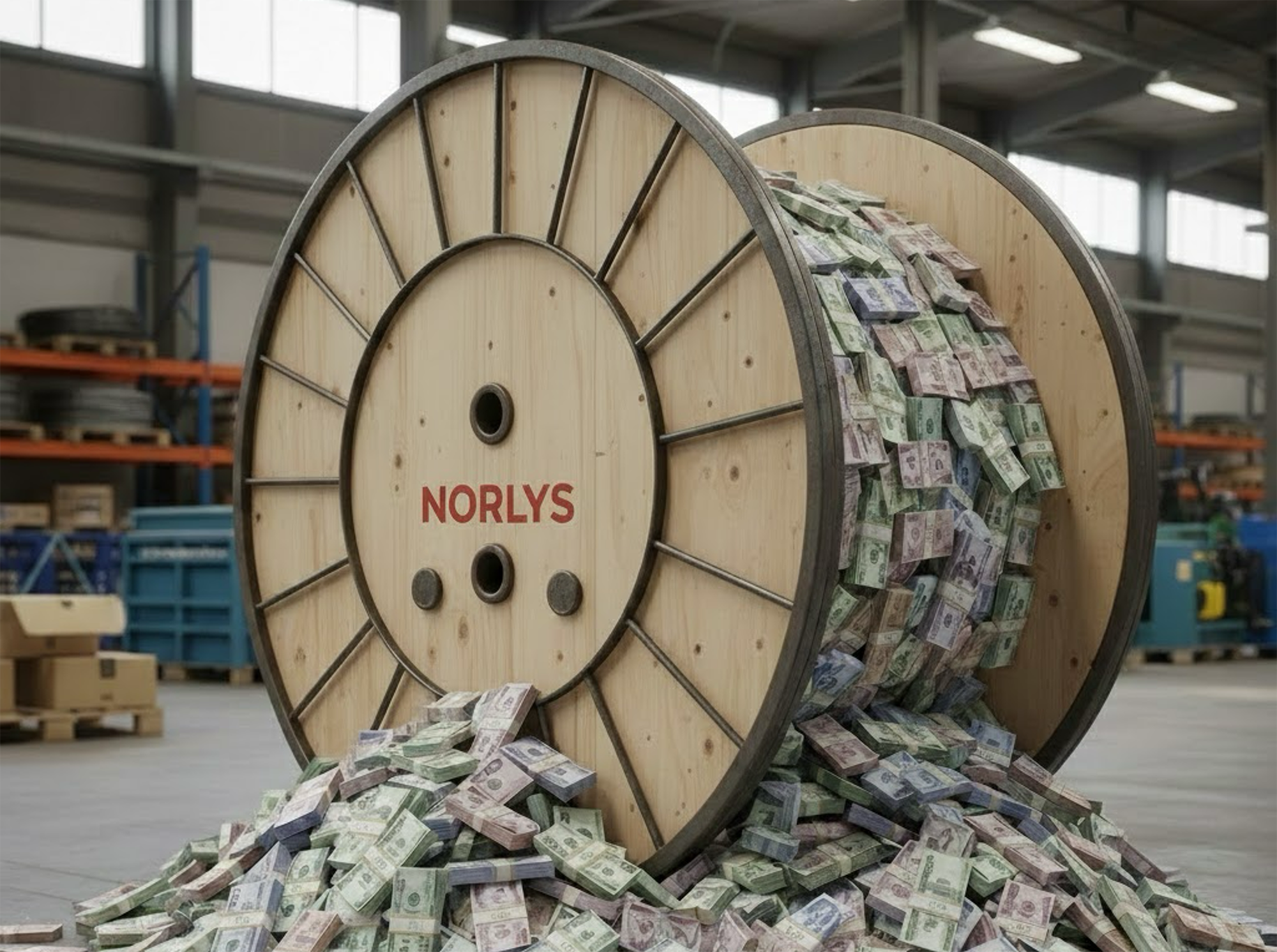 Tromle med Norlys logo og bundter af penge