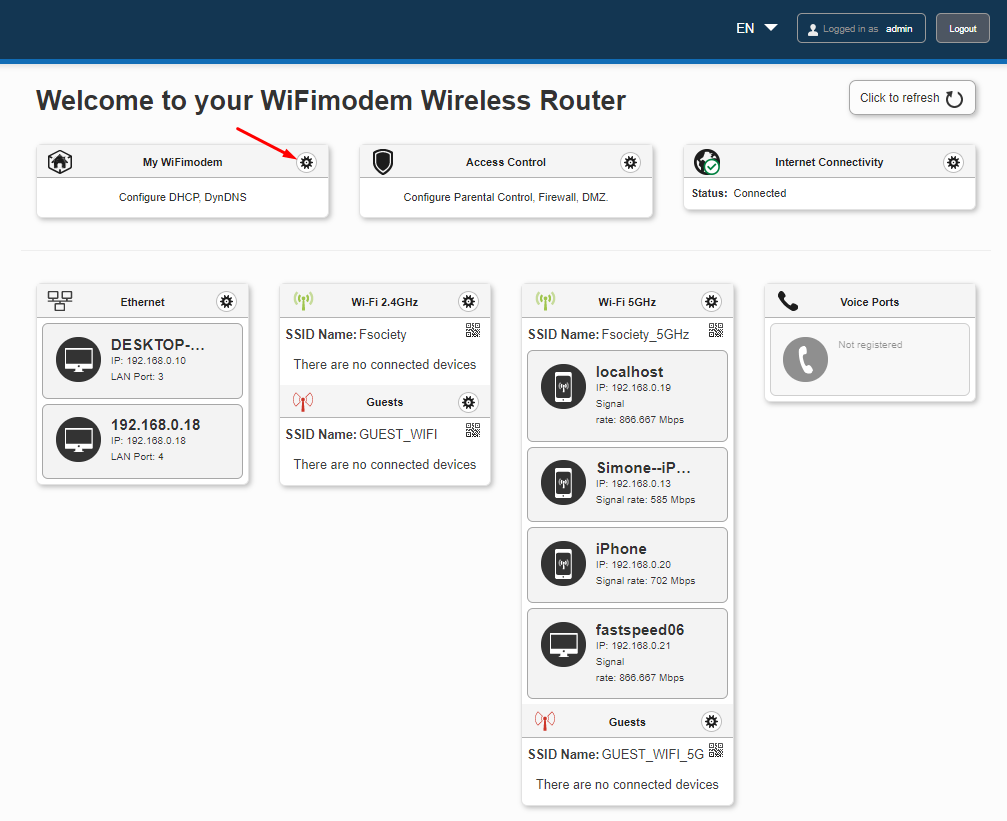 Tryk på tandhjulet ved My WiFimodem