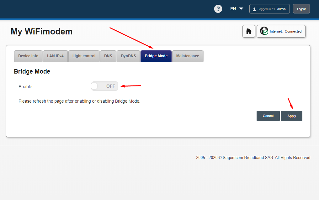 Klik på Bridgre Mode, sæt enable: ON og tryk Apply