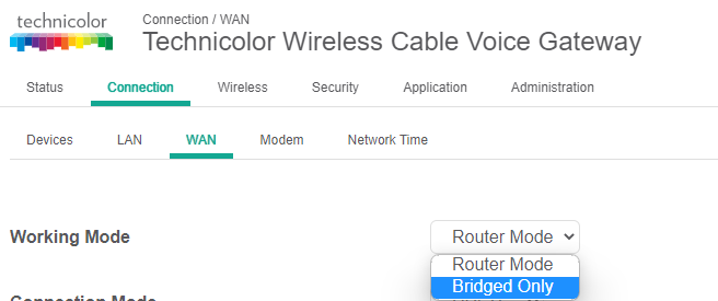 Her vælges “Bridge Only” under Working mode
